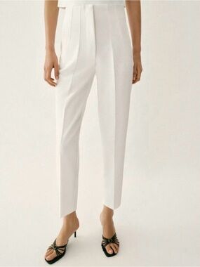 Zara White Pleated High-Waist Ankle Trousers